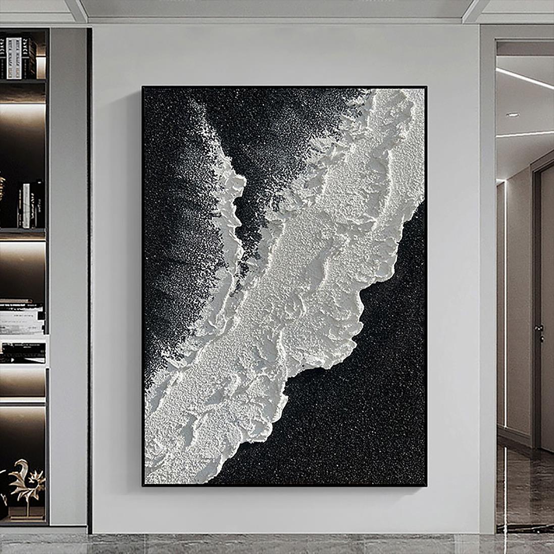 ブラック ホワイト ビーチ ウェーブ サンド 03 壁装飾油絵